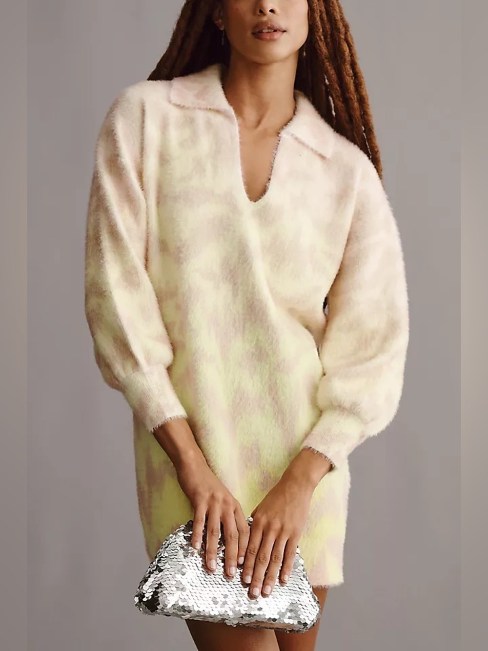 Anthropologie Fuzzy Sweater Dress V Neck Collared Balloon Sleeve Mini XL
